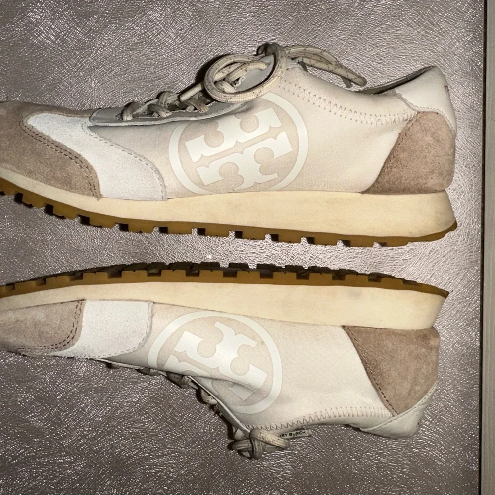 Tory Burch Women's White and Tan Suede & Leather Sneakers athleisure 7